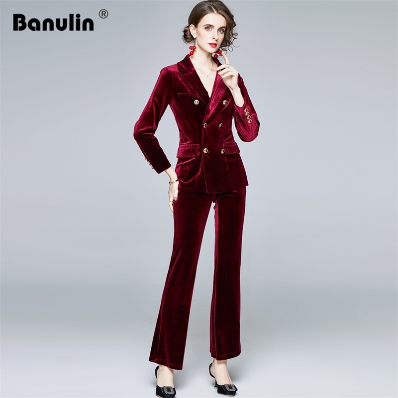 

Formal Slim Fit Women's Business Work Wear 2 Pieces Suits Burgundy Velvet Office Ladies Fashion Stylish Jacket Pants Set 210603