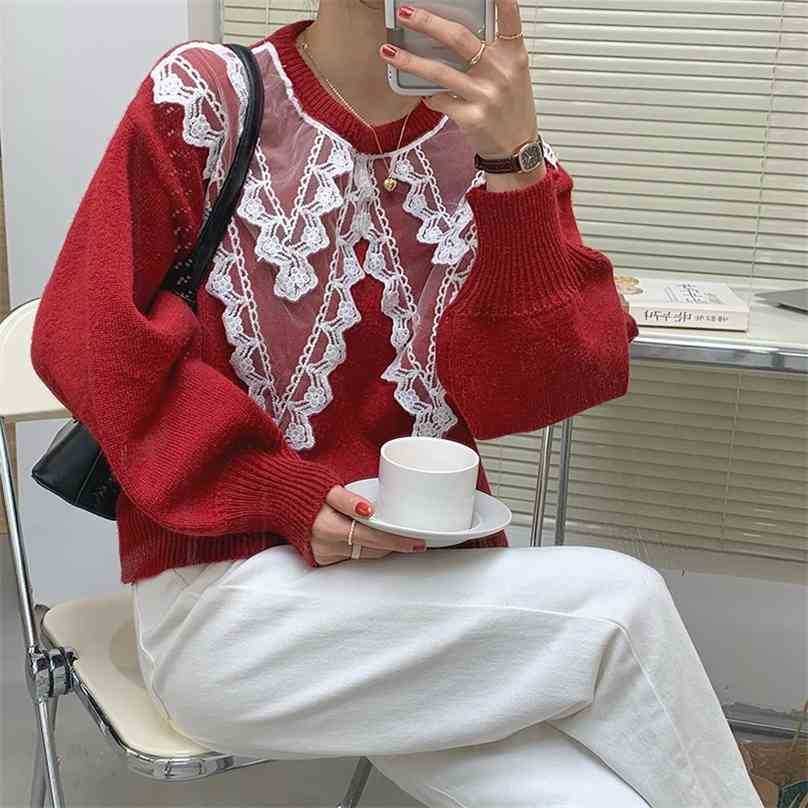

Brief Stylish Patchwork Lace Office Lady Chic Gentle Loose Streetwear Knitted Women Pullovers Sweaters 210525, Green