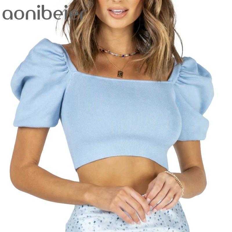 

Vintage Puff Short Sleeve Knitted Pullover Women Square Collar Slim Crop Top Shirt Spring Blouse Summer 210604, Black