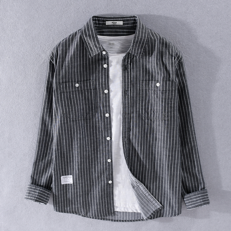 

2021 New Primavera e Outono Listrado Camisas Para Homem Casual Confortvel Masculina Listra Moda Tendncia Camisa Dos Homens Marca Overhemd Cq, Black