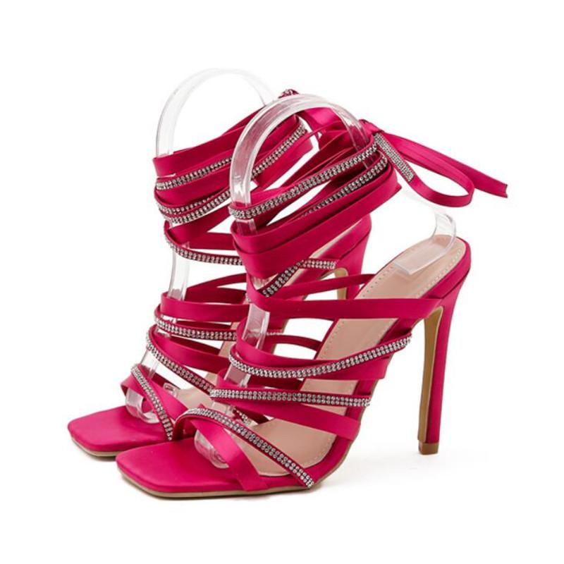 

Nice Bling Crystal Rhinestone Sexy Sandals Women Summer Thin High Heel Sandals Wedding Dress Shoes Ankle Lace-Up Open Toe, Black