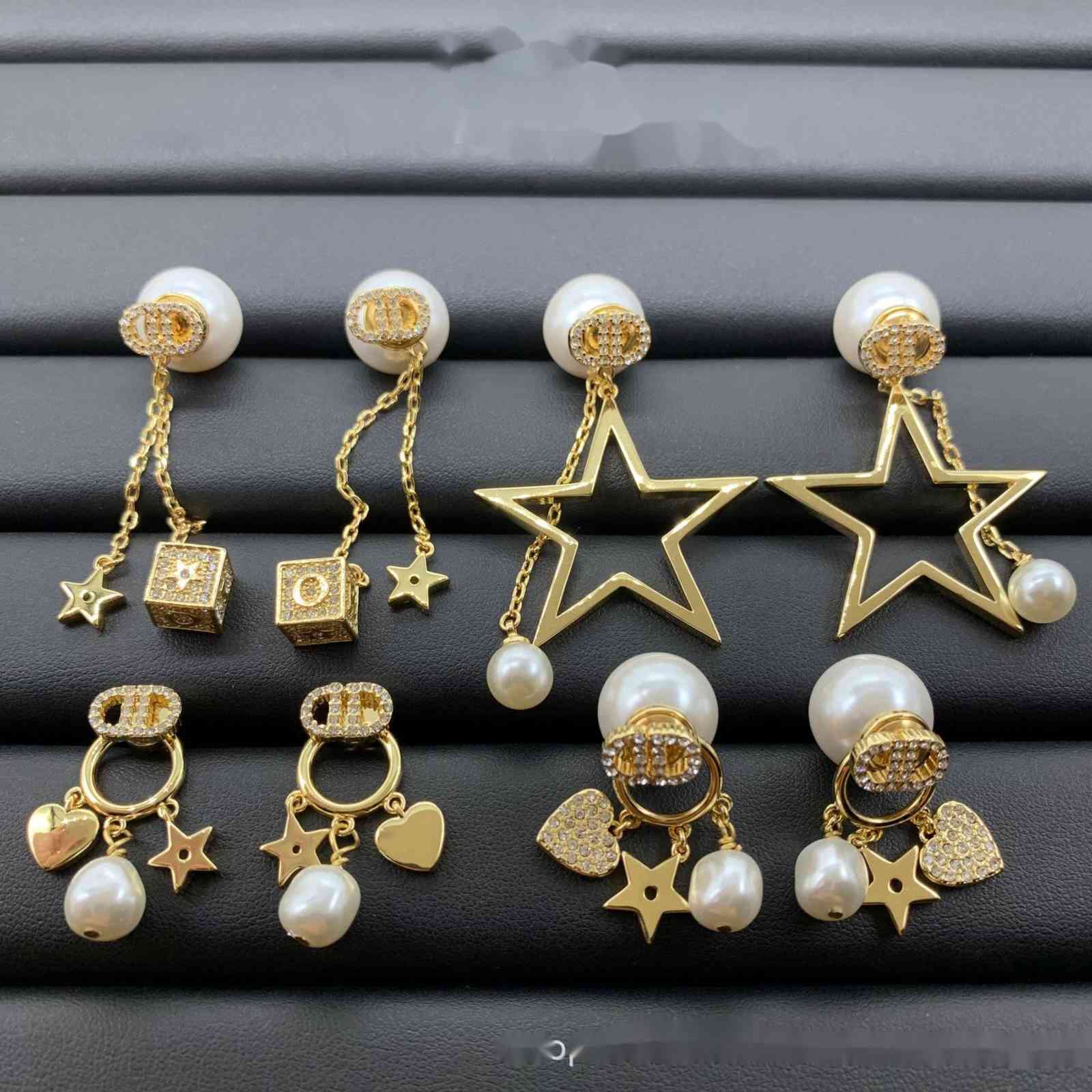 

D home / Dijia new pearl inlaid diamond star Love Earrings feminine temperament net red Earrings S925 silver needle Earrings, Golden