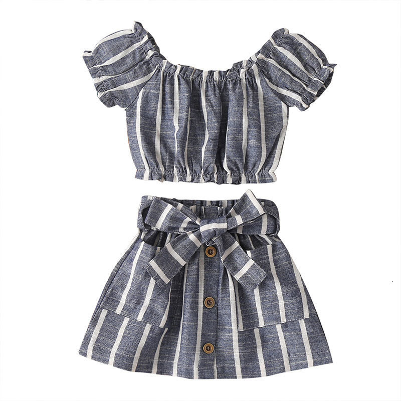 

2021 New Fashion Children Girls Clothing Set Cotton Striped Short Sleeve O-neck Top+bow Skirt Summer Kids Clothes 1-5 Year Nt5u, Gray