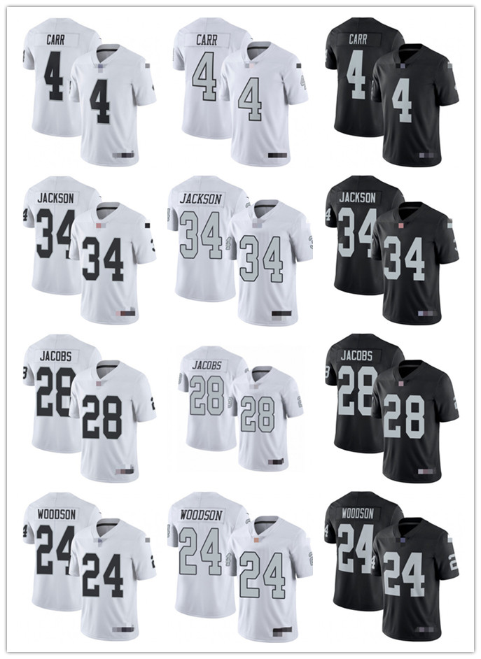 

Men Women Youth 24 Charles Woodson 4 Derek Carr 24 Johnathan Abram 34 Bo Jackson 28 Josh Jacobs Black white Football Jerseys, Black;red