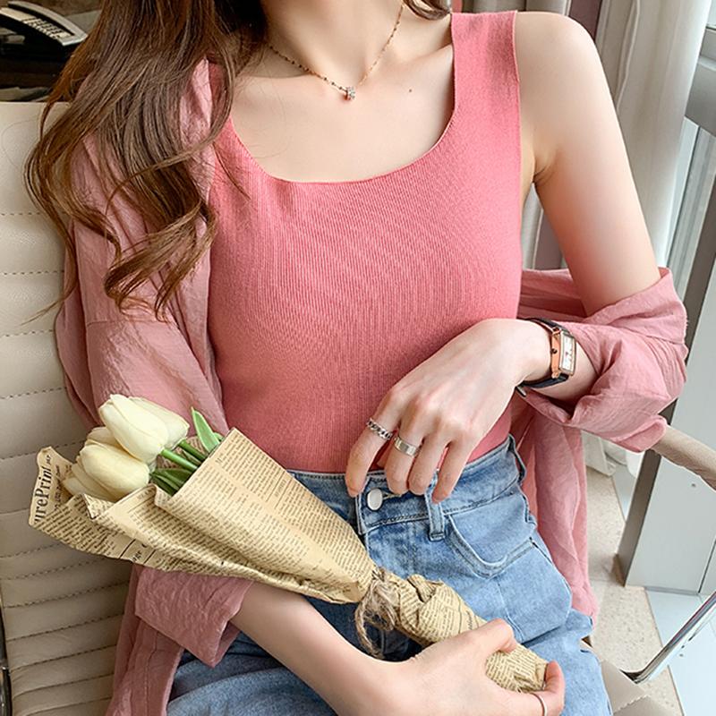 

Women's Tanks & Camis AOSSVIAO 2022 Knitted Women Tank Top Camisole Woman Summer Sexy Basic Elastic U-Neck Solid Color Vest, White