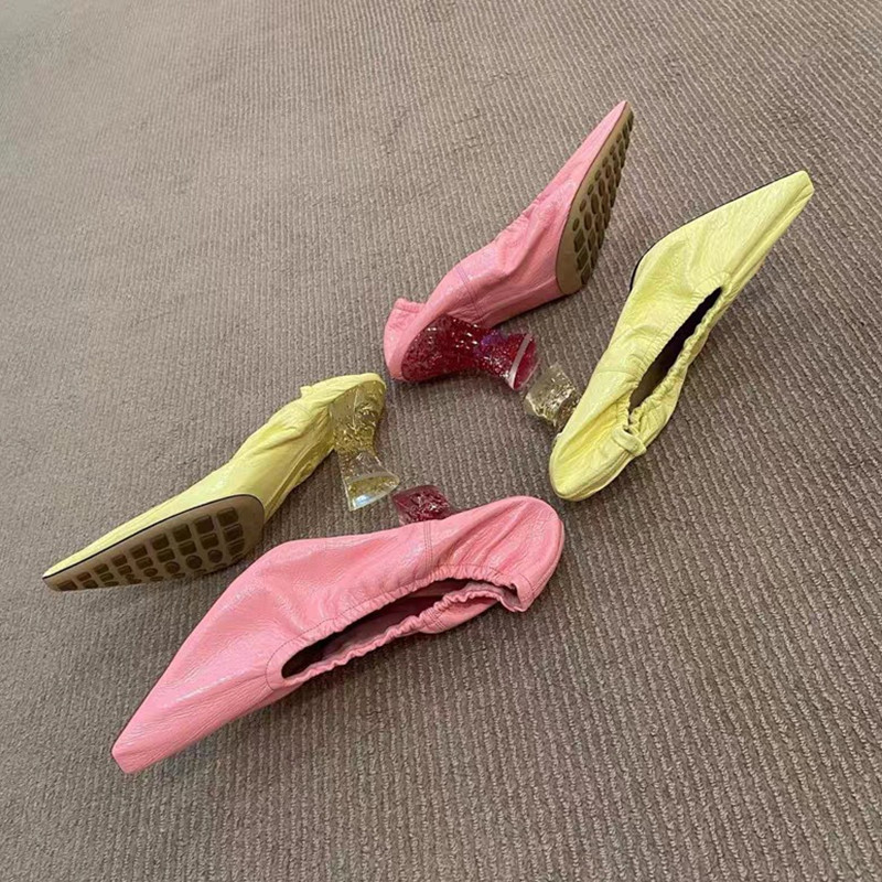 

Star style Women Pumps Vintage Square toe Soft Leather Glitter crystal Heeled Female Casual Shoes Spring Summer High heels Shoes K78, Yellow