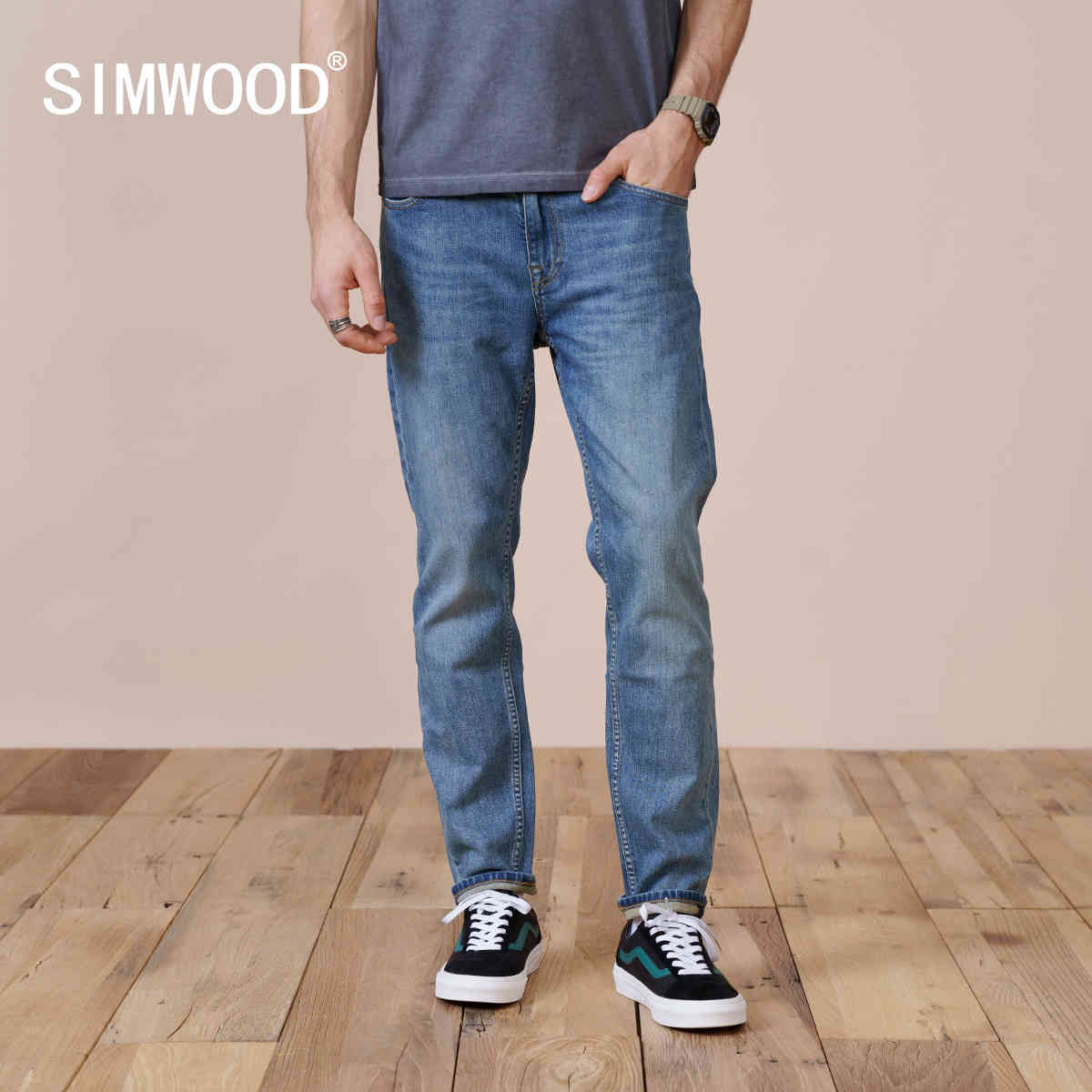 

SIMWOOD Autumn Slim Fit Tapered Jeans Men Casual Basic Classical Trousers High Quality Brand Clothing SK130283, Nostalgic blue