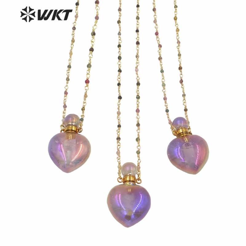 

Pendant Necklaces WT-N1238 Amazing Elegant Stone Necklace In 18 Inch Heart Shape Aura Purple Perfume Bottle With Rosary Chain