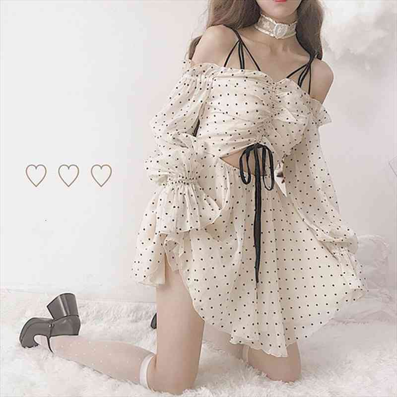 

Summer Mori Girl Female Kawaii Heart Print Lolita Mini Chiffon Dress Straps Lace Strapless Long-sleeved Women Dresses, Black;gray
