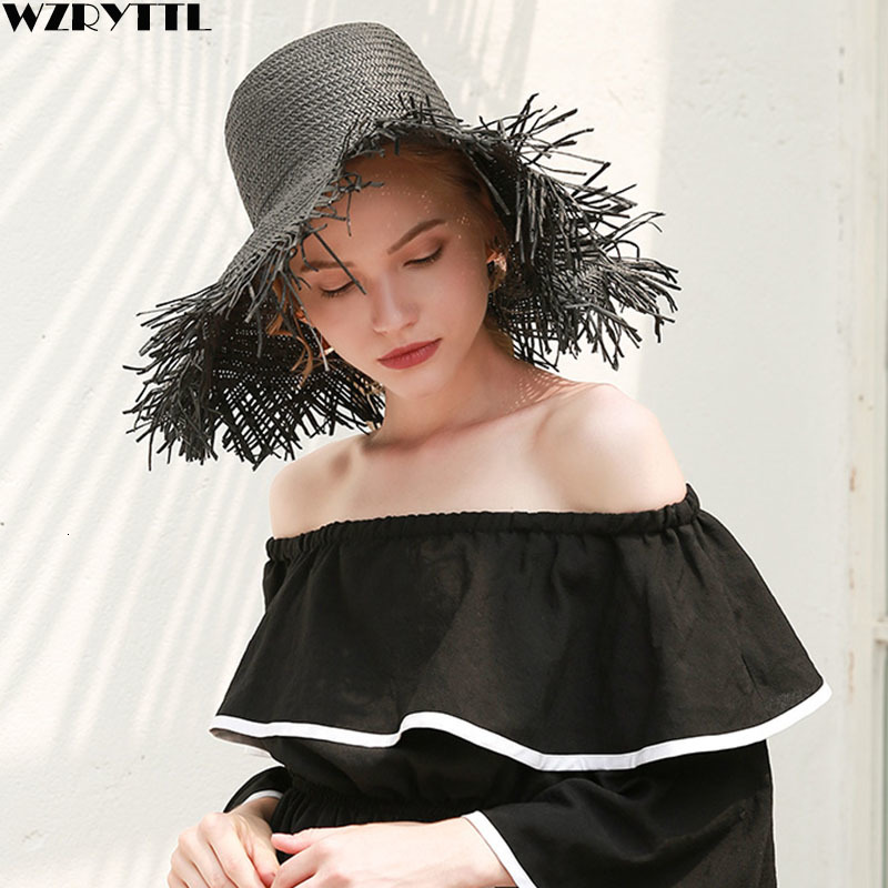 

2021 New White Black Women Summer Large Fringed Brim Beach Upf50 Uv Floppy Straw Hats Travel Kentucky Derby Hat Ladies Sun Cap Hyvi, Khaki