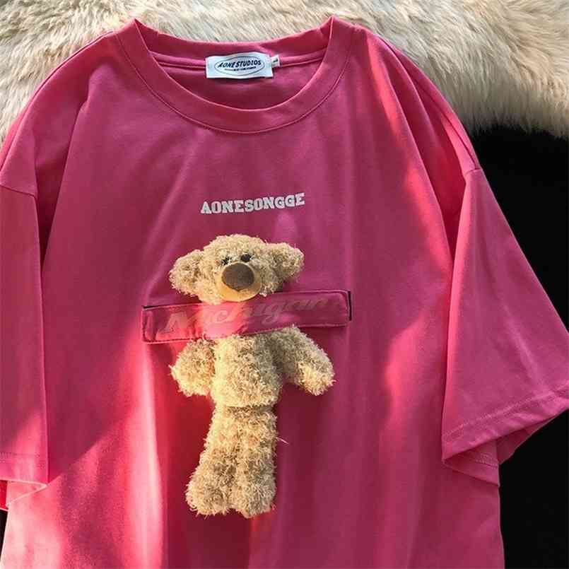 

Womens T-shirt Harajuku girl doll bear top O-neck short-sleeved loose summer solid color for women playable 210708, Blue