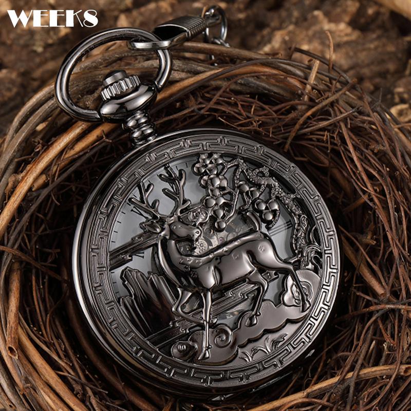 

Pocket Watches Animal Deer Mechanical Watch Male Antique Vintage Steampunk Skeleton Luxury Black Engraved Gift Fob Chain Clock For Men, 03