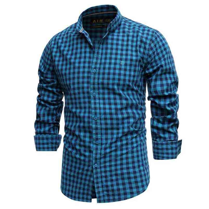 

Spring 100% Cotton Plaid Shirt Men Slim Fit s Dress s Brand Long Sleeve Black High Quality s for 210721, Green
