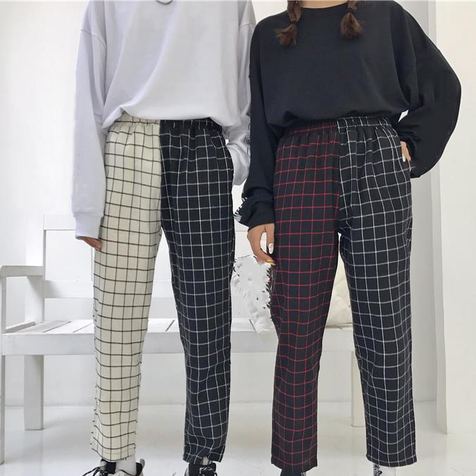 

Women's Pants & Capris Harajuku Plaid Patchwork Women Elastic Waist Hit Color Ankle Length Causal Loose Female Trousers, Black