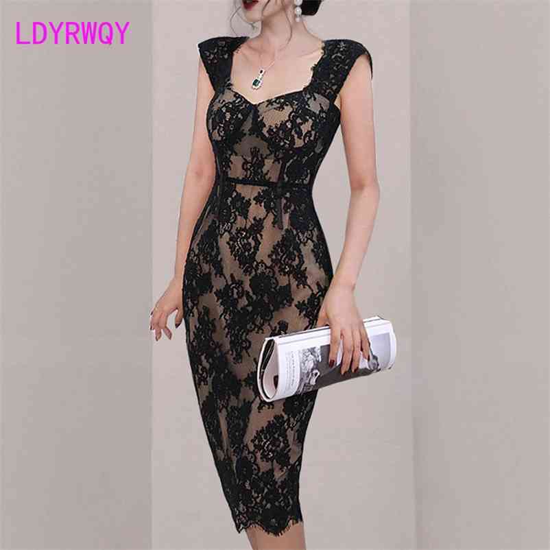 

LDYRWQY summer halter see-through lace vest with hip sexy fashion slim dress Office Lady Polyester 210603, Black