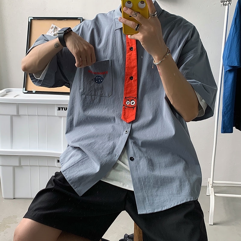 

2021 New Summer Men's Clothes Tie Cartoon Pattern Hawaiian Short-sleeved Fashion Shirt Camisa Masculina Streetwear Shirts Qs66, White