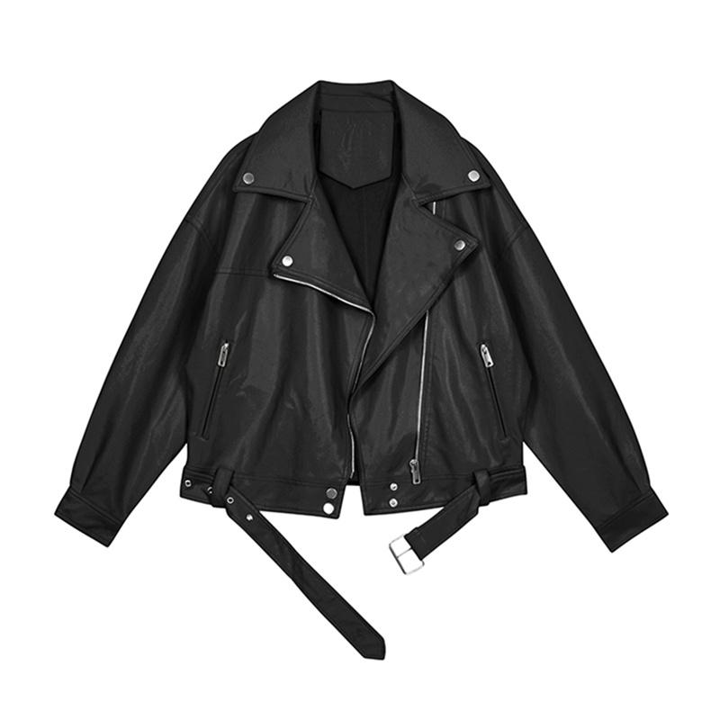 

Women's Leather & Faux 2022 Korean Spring Autumn Short Pu Jacket Motorcycle Coat Turn Down Collar With Sashes Tops D255, Black