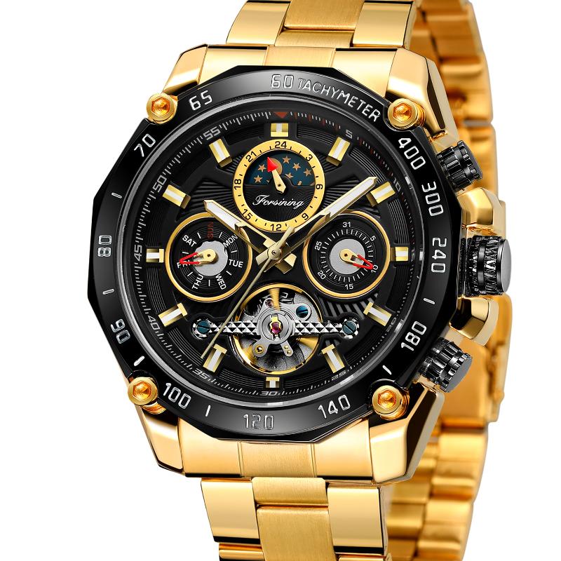 

Wristwatches Forsining Golden Stainless Steel Mens Choose Calendar Display Tourbillion Moon Phase Design Business Mechanical, Gold
