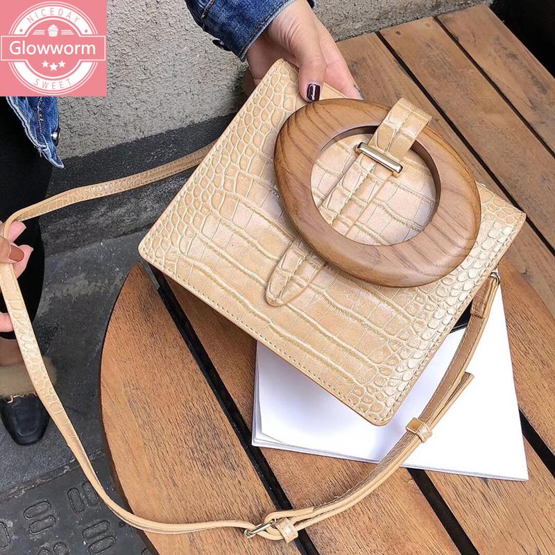 

fashion alligator wooden handle women handbgs designer crocodile shoulder crossbody bags luxury pu leather small flap lady purse, Beige