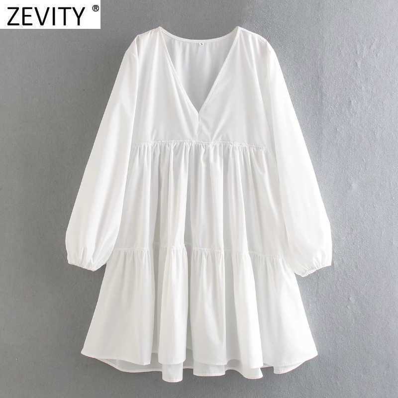 

Zevity Women Sweet V Neck Solid Color Poplin Casual Straight Dress Chic Femme Lantern Sleeve Pleats Vestido Beach Cloth DS4961 210603, As pic ds4961cc
