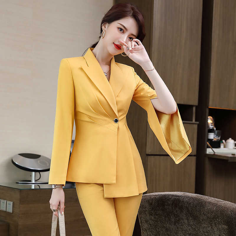 

Women plus size -4XL high quality office suit pants two-piece overalls Autumn and winter mid-length ladies jacket Slim trousers 210527, Yellow pants