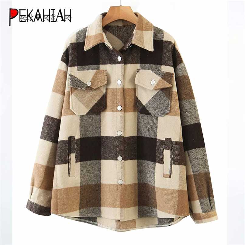

Wintewr Clothing Vintage Pocket Women Jacket Coat Fashion Slim Long Sleeve Plaid Casual Loose Jacket Famale Outerwear Chic Top 211109, Champagne