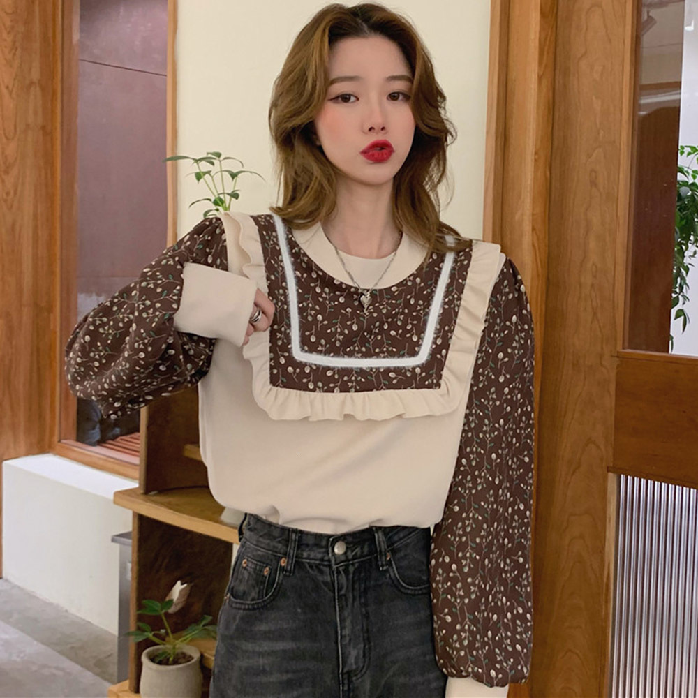 

2021 New Japanese Style Fashion Shirt Simple Designer Lovely Retro Tulle Stitching Two False Mushroom Round Neck Long Sleeves Jzla, Black