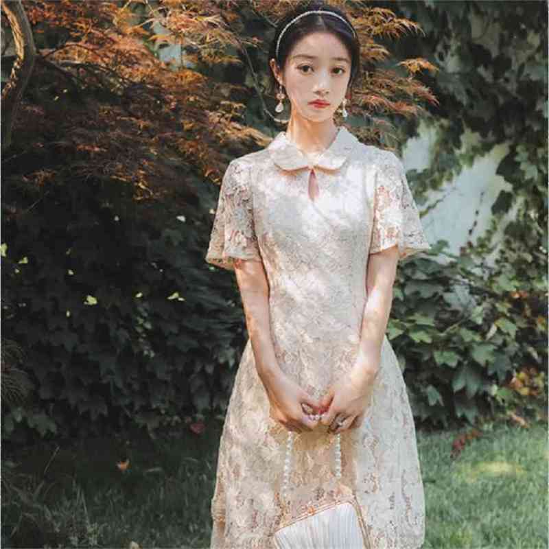 

Elegant Short Sleeve Ankle-length Beige Lace Dress Summer Maxi Long Women Female Vestidos Fit and Flare 210603, Blue