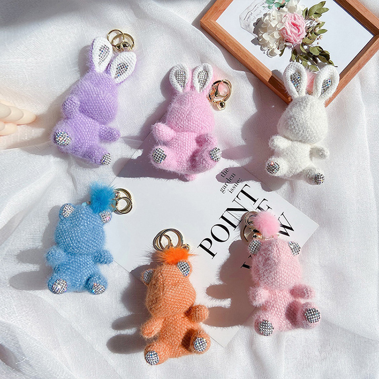 

cute plush bear doll key chain creative cartoon fashion mink rabbit car bag pendant, Silver