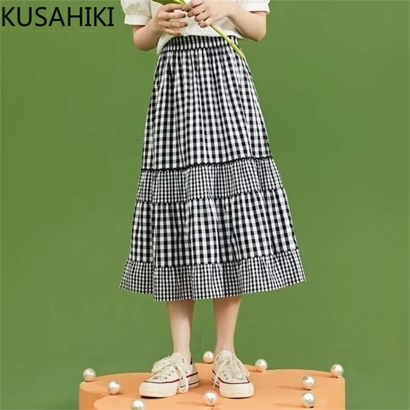 

Summer Plaid Patchwork Long Skirt Causal High Wiasted A-line Woman Skirts Fashion Korean Mujer Faldas 6J663 210603, Light grey