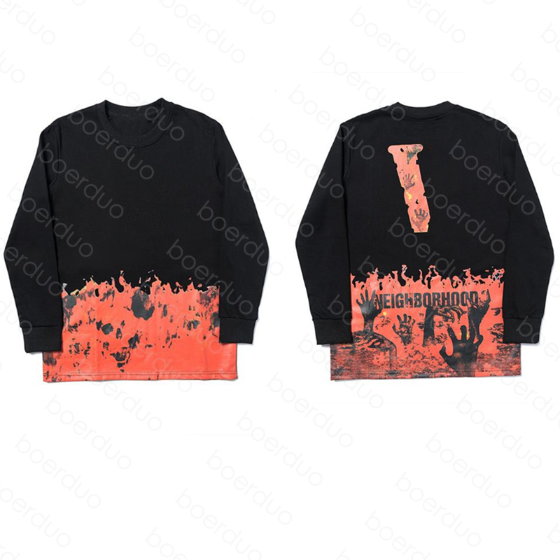 

mens Sweater big V flame skeleton men's and women's hip-hop pullover long sleeve Splicing sweater European size S-XL Long sleeve T-shirt, Black