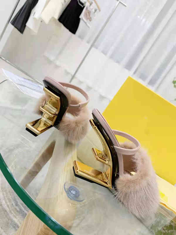 

Sandals Black White First sheepskin stiletto sandals broadband strap sandal Gold metal diagonal F carved heel Size 35-41 54E4, 1# shoe box