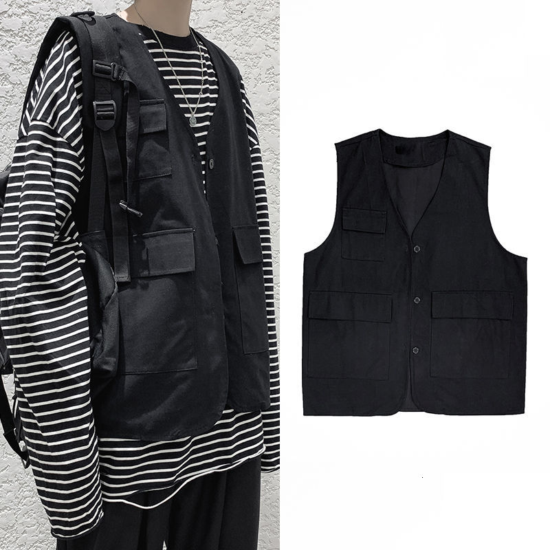 

2021 New Spring Cotton Men's Fashion Retro Casual Pocket Coat Men Streetwear Korean Loose Hip-hop Vest Jacket Mens M-2xl Oyhz, Black
