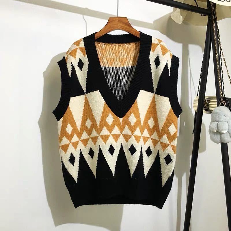 

Womens Sweater Vest Spring/Autumn Korean Sweet Style Diamond-Shaped Puttern Sleeveless Oversize Waistcoat Single-Breasted Coat, White;black