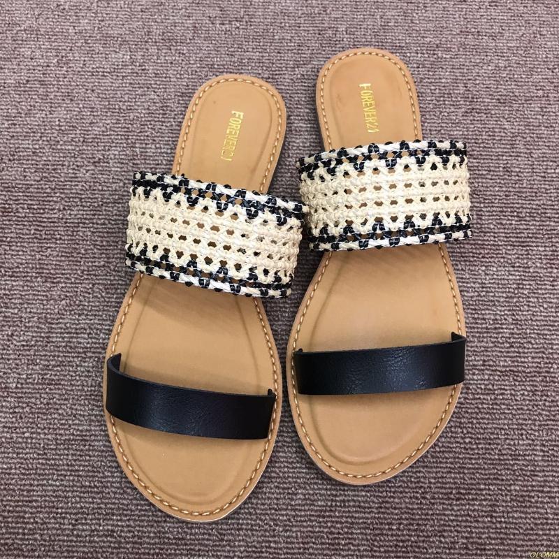 

2021 Weave Beach Slippers Women Genuine Leather Brand Flat Shoes Summer Beach Slides Casual Shoes Women Designers Slipper, Black
