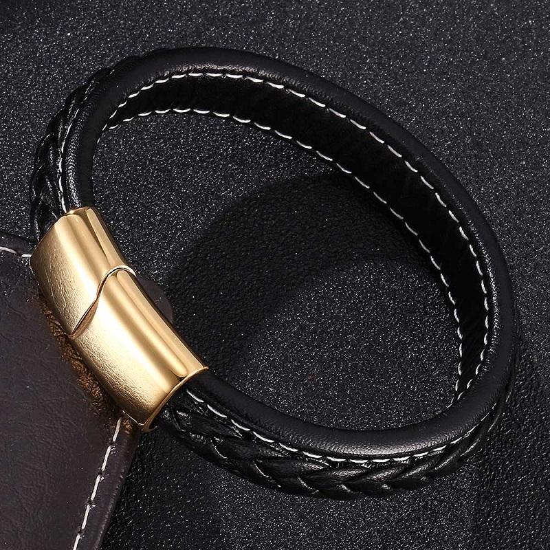 Charm Bracelets Fashion Black Leather Braided Bracelet Men Gold Stainless Steel Magnetic Buckle Vintage Bangles Male WristBand Gifts S0219-image-707213178