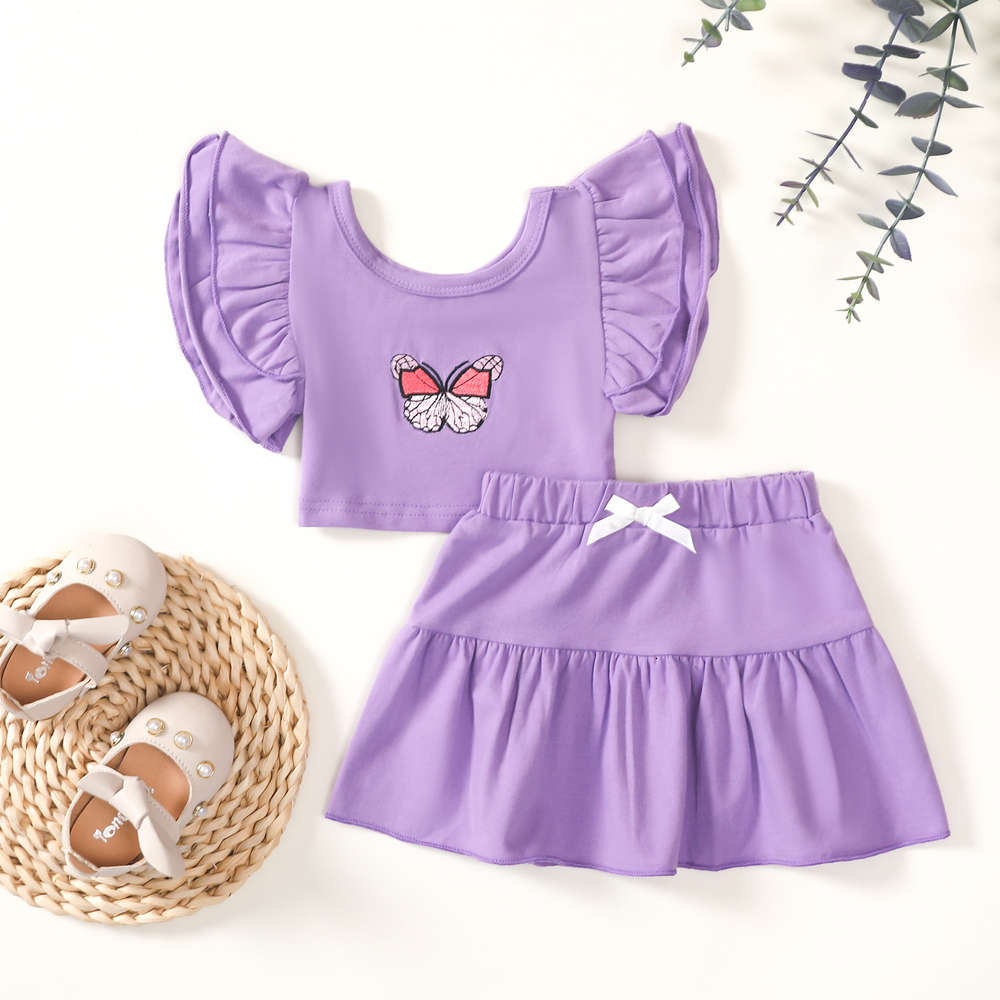 

Ins summer girls' butterfly print top skirt purple suit, White