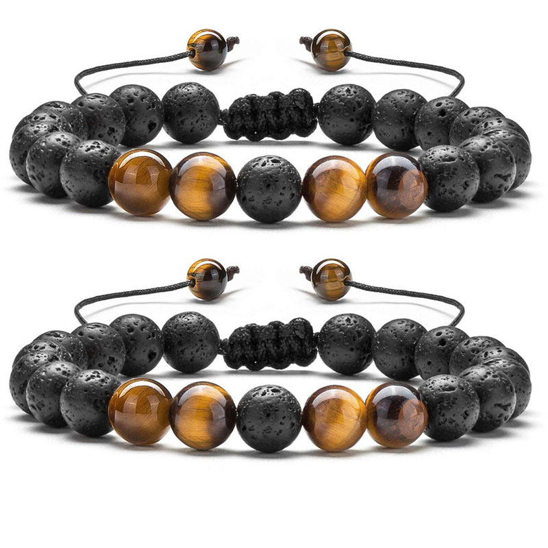 

2Pcs Handmade Strands Bracelet Natural Tiger Stone Charm Onyx Beads Couple Distance Bracelets for Women Men Friend Gift Stretch Jewelry Wholesale Item