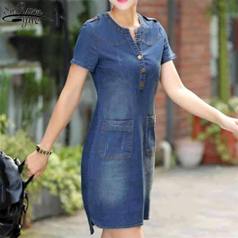 

Jean Dress Plus Sizes V-neck Solid Denim Dresses Summer Women Sundresses Short Sleeves Loose Clothing 176A 210701, Blue