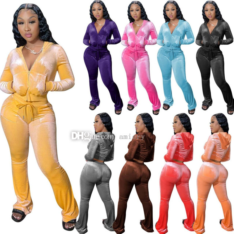

Pant Set 2021 Hoodie Sport Two Piece Outfits Pink Velvet Sweatsuits Zipper Pocket Long Sleeve Jacket + Bell Wid Leg Women Velour Tracksuits, Gray