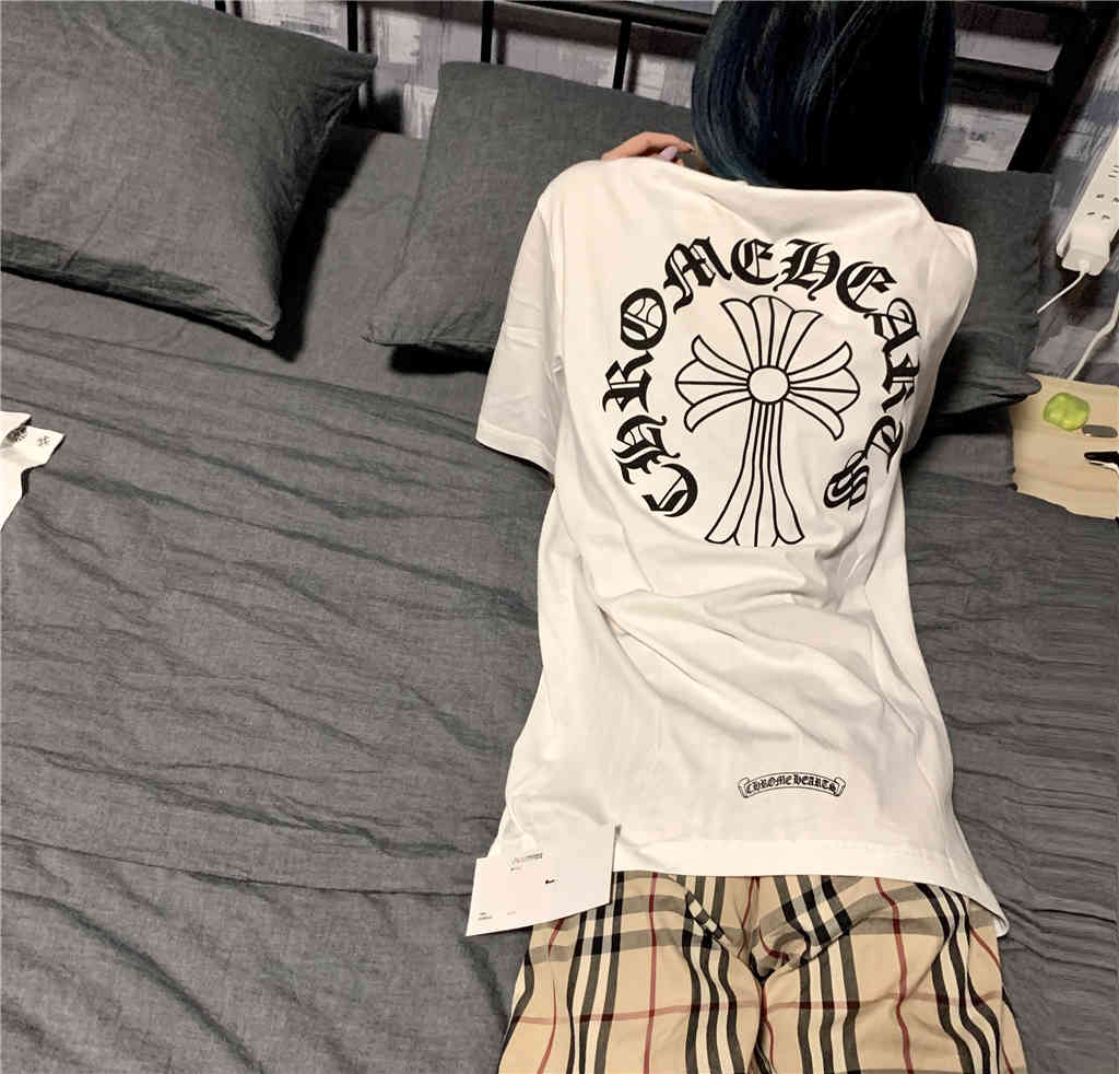 

Mens Tees Tshirts Tops Ch Trendy Punk Heart Neck Letter Big Cross Men's and Women's Loose Cotton Short Sleeve Casual T-shirt Chrome/heart, White;black