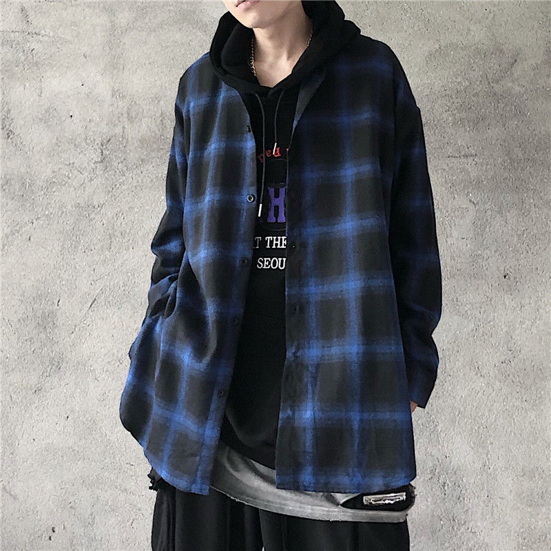 

2021 New Autumn Korean Plaid Men's Fashion Retro Cotton Casual Shirt Men Streetwear Wild Loose Long-sleeved Shirts Mens -xl Qh5r, Black