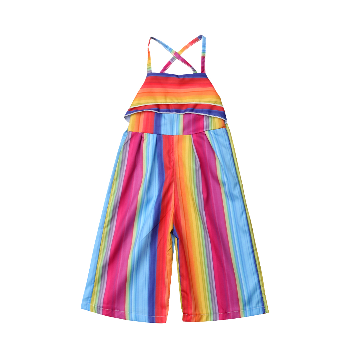 2021 Kids Girl Summer Clothing Fashion Toddler Baby Girl Rainbow Striped Romper Jumpsuit Backless Overalls Outfit Clothes-image-667431631