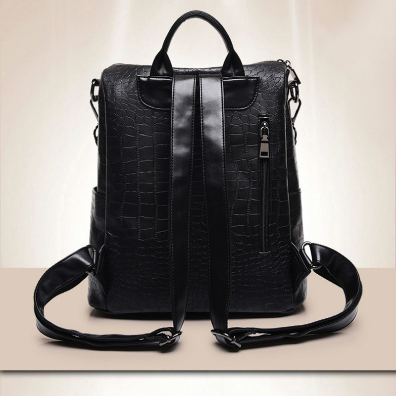 

Designer-High Quality Women's Bag Pu Leather Backpack Street Bag Black Zipper Shoulder Bags Tote Female European Fashion Large Bag, Crocodile pattern
