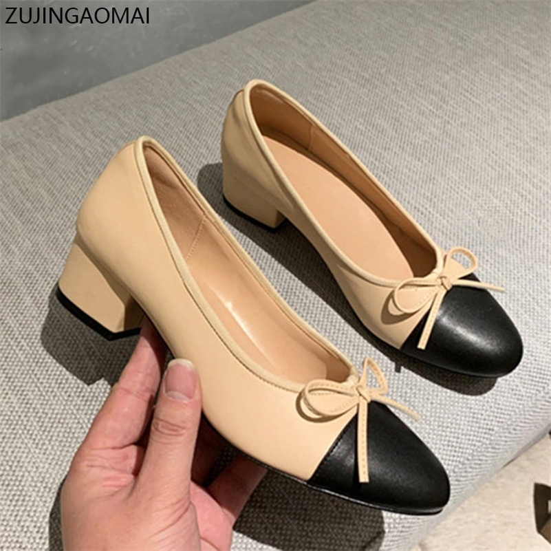 

Bow Ballet High Heels Shoes Woman Basic Pumps Fashion Two Tone Stitching Round Bow Work Shoe Fashion Party Women Shoes Pump 210225, Apricot black