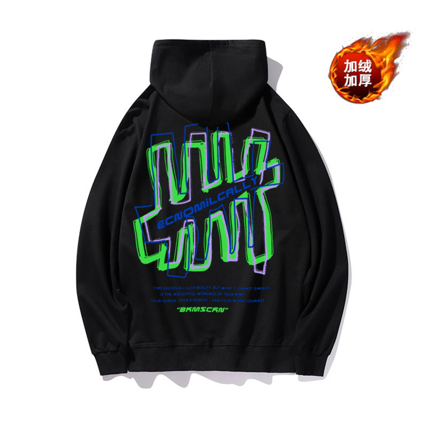 

Autumn winter men's Hooded Plush thickened br front and rear printed fashion casual bottomed Shirt Long Sve Sweater, Black