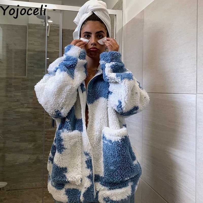 

Yojoceli Elegant tie dye lamb fur coats jacket women Autumn winter warm oversize Casual cool pockets outerwear 210609, Blue