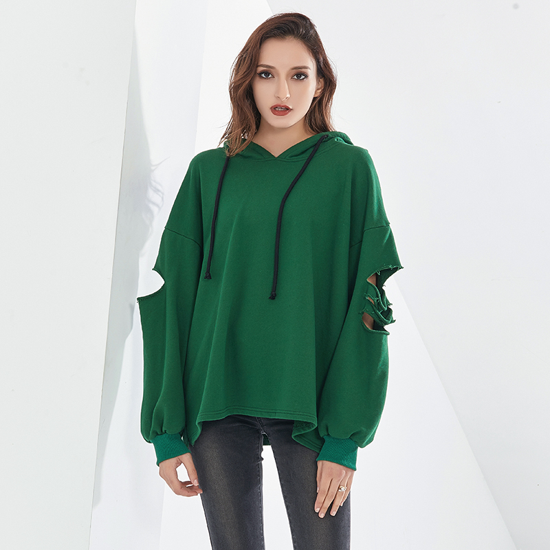 

Oversized Hollow Out Sweatshirt For Women Hooded Collar Long Sleeve Casual Solid Sweatshirts Female Autumn Fashion, Black