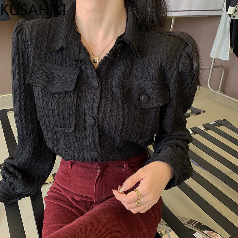 

Spring Women Knitted Blouse Coat Causal Long Sleeve Turn-down Collar Shirt Korean Fashion Clothing 6F588 210603, Black