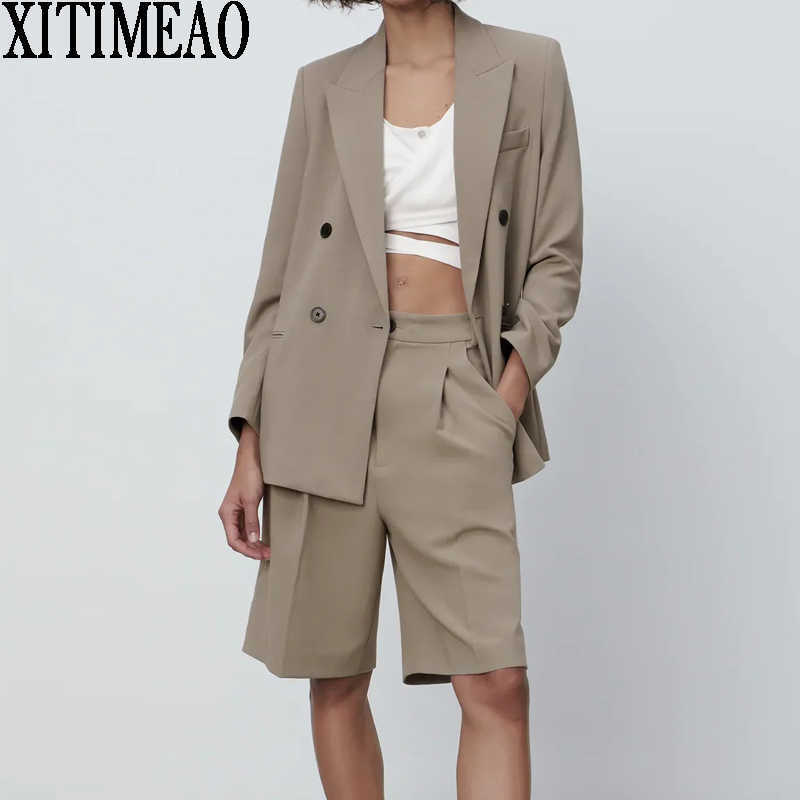 

ZA Women Fashion Wear Double Breasted Blazers Coat Vintage Long Sleeves Outerwear And High Waist Casual Shorts 2-piece Set 210602
